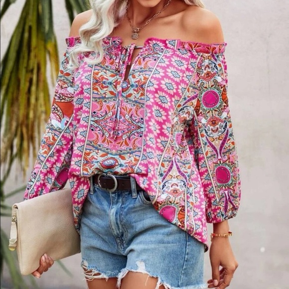 Boho pink random designs. on or off the shoulder Pink, turquoise, blue, white - Picture 5 of 14